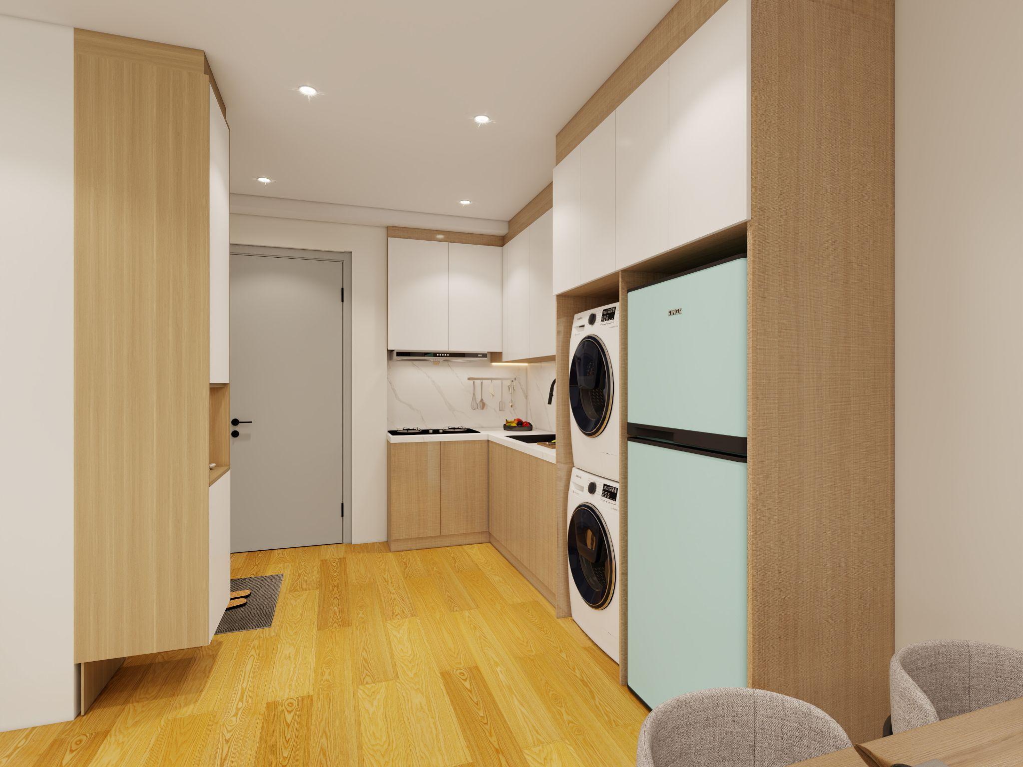 3D concept rendering depicting L-shaped kitchen layout
